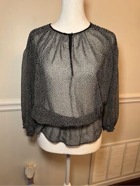 Zara Basic Black White Polka Dot Sheer Peplum Blouse Size L